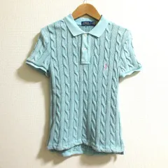 美品 POLO RALPH LAUREN ポロラルフローレン コットン 半袖 エイジング加工 ケーブルニットポロシャツ サイズM アイスブルー レディース 古着 中古 USED
