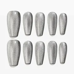 Sun&Beam Nails 手作り ネイルチップ ミディアム ロング バレリーナ つけ爪 コフィン 無地 ブラック シルバー キャットアイ マグネット 人気 おしゃれ 可愛い 付け爪 10枚入 (#105 M) 0