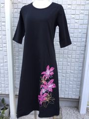 美品 Sybilla シビラ 花刺繍 ワンピース リネン混 ブラック Aライン