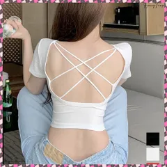 送料無料 背中あきトップス カップ付き ブラトップ カットソー レディース 丸首ネックTシャツ バッククロス 韓国風 バックオープン 短い丈 無地お洒落ヨガウェア セクシー 半袖 プルオーバー へそ出しトップス黒 ミニ丈 ダンス衣装
