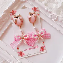 ❤️318リボンハートパールギンガムチェックリボンピアス/イヤリング❤️ピンク