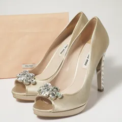 MIUMIU ミュウミュウ パンプス サイズ38 オープントゥ サテン パンプス 靴 プラットフォーム ビジュー装飾 イタリア製 ブランド古着【中古】20230905/GO0140