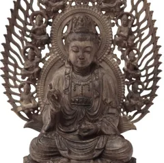 仏教美術　彫刻家　真海徳太郎作　木彫　観世音菩薩　仏像　置物　共箱　VR8302 仏教美術 彫刻家 真海徳太郎作 木彫 観世音菩薩 仏像 置物 共箱