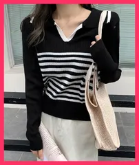 【スタッフおすすめ！】 ポロカラーボーダーニットトップスVネック 大人秋服リブニット/着やせ ニット春秋/長袖ニットインナー レディース カジュアル ニットウェア  おすすめ おしゃれ　かわいい　人気 85YN-900531
