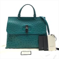 美品 GUCCI グッチ デイリー バンブー 2WAY ハンド ショルダー バッグ オーストリッチ トップハンドル グリーン系 レディース a9501