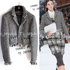 シャネル ジャケット CHANEL アイボリー ネイビー シェベロン クロップド フリンジ ミックス ツイード カールラガーフェルド遺作 超美品 38