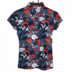 【新品】ヨネックス 半袖ポロシャツ ネイビー系×マルチカラー 総柄 フラミンゴ 鳥  レディース S ゴルフウェア 2024年モデル YONEX
