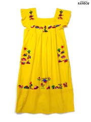 古着 鳥 刺繍 スクエアネック コットン ロング丈 ノースリーブ ティアード ワンピース 黄 (otu2407072)