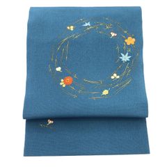 名古屋帯/ちりめん地/刺繍/ブルー/未使用品/仕立上がり/11152