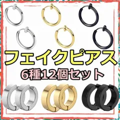 フェイクピアス イヤークリップ フープピアス 金 銀 黒 6種類12個 チタン ステンレス 穴なし アレルギー対応