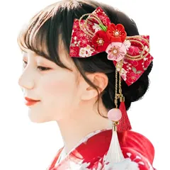 【新品】 [OTAKUMARKET] 髪飾り リボン 袴 卒業式 着物 和装 浴衣 振袖 七五三 成人式 髪 飾り りぼん 和風 鈴付き つまみ細工 女の子 子供 ヘアアクセサリー 1枚 (A 赤)