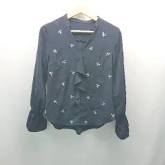 ◇ ViS ビス フラワー刺繍 Vネック フロントフリル 上品 大人っぽい 長袖 ブラウス サイズF ネイビー レディース E  【1310050028886】