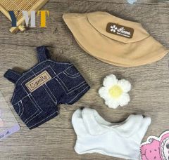 ぬいぐるみ服 17cm Labubu 人形服 ドール服 ナチュラルカジュアルコーデ4点セット ハット＆花胸アクセ＋衿シャツ＆オーバーオール labubu対応 撮影小物 ぬい撮り 男の子 女の子兼用 love-031