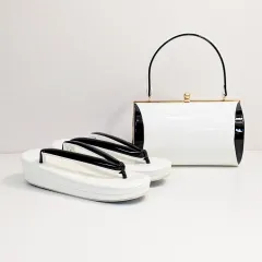 和装 草履バッグセット 振袖用 エナメル 白 黒 フリー/LLサイズ w18-5