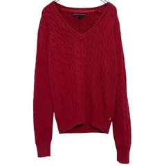 TOMMY HILFIGER コットン ニット セーター S レッド トミーヒルフィガー Ｖネック ケーブルニット 古着卸 アメリカ仕入 a612-5649