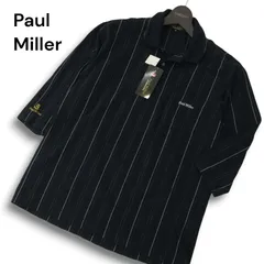 【新品 未使用】 Paul Miller ポールミラー 春夏 シアサッカー★ ロゴ刺繍 7分袖 ストライプ ポロシャツ Sz.M メンズ 紺