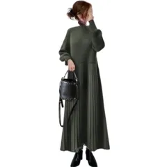 プリーツワンピース ニットワンピース ハイネック 切り替え ロングワンピース 無地 フリル 長袖 レディース 体型カバー 可愛い おしゃれ 快適 ワンピース お出かけ 通勤 レトロ [NONELECEDOLE] 春 秋 冬