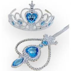 ラプンツェル風髪飾り 王冠 ステッキ 2種セット ティアラ クラウン 子供用 ヘッドドレス キッズヘアアクセサリー 王女 装飾品 ブルー キラキラ お姫様 ブルー