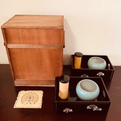 昭和レトロ　たばこ盆　２客セット　煙草盆　莨盆　茶道具　木製　漆塗り　螺鈿　／　小物入れ　アクセサリー収納　収納トレーなどとしても