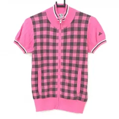 【美品】アディダス 半袖ニットジャケット ピンク×カーキ 前面ギンガムチェック コットン混 レディース M ゴルフウェア adidas