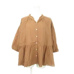 サマンサモスモス SM2 シャツ ブラウス Vカット スタンドカラー 七分袖 フリル 切替 フレア ゆったり ナチュラル コットン F 茶 ブラウン /AH6