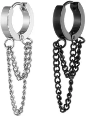 AREUM ピアス 垂れ下がりチェーン 二連チェーン シンプル お洒落 フープ リング レディース 高見え 揺れる 人気アクセサリー(シルバー＆ブラック,  両耳用2つ入り)