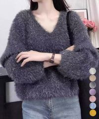  ラメシャギーニットトップス Vネック秋冬 おしゃれ秋服着回し ニットセーター長袖 モヘアタッチニット