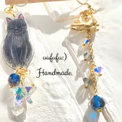 おすまし黒猫さんと　スワロフスキーのお星様の　アシンメトリーイヤリング