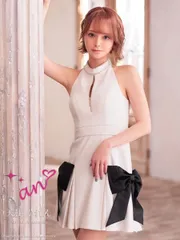 ホワイト×ブラック [AOC-3884]【an/アン】ツイル/ ジッパー/ ビジュー/ ハイネック/ アメスリ/ ホルターネック/ リボン/ フレア/ ミニドレス/ キャバドレス / ワンピース/ ドレス