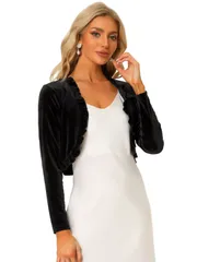 Allegra K ハロウィン コスチューム クロップカーディガン オープンフロント 長袖 ベルベット レディース ブラック L