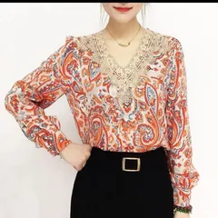 【オレンジレッド・Ｍ】ペイズリー 長袖 Vネック ブラウス 刺繍 レース　ゆったり　体型カバー