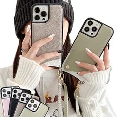 iPhone12_グレージュ iPhone12 ケース ショルダーストラップ 肩掛け かたかけ エレガント 上品肩がけ 首掛け 斜め掛け チェーン ファスナー型 ストラップ ショルダーケース クロスボディケース カード入れ (iPhone12, グレージュ)
