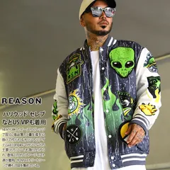 REASON アウター 長袖 スタジャン ブルゾン メンズ 春秋冬用 グレー 大きいサイズ リーズン  防寒着 総柄 エイリアン 宇宙人 UFO 地球儀 スカル 花柄 メッセージ ビッグシルエット b系 ヒップホップ ファッション ハイ 服  RER5010