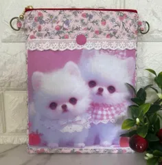 [132]可愛いレース付 2匹の白ポメちゃんミニサコッシュ・スマホポーチ