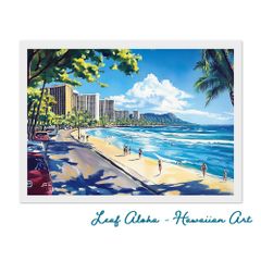 ハワイの海アート A4額付き｜ワイキキとダイヤモンドヘッドの風景 No.07 Leaf Aloha