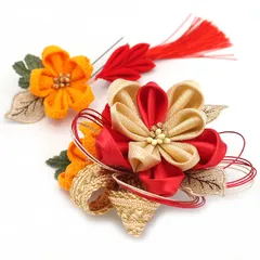 髪飾り ２点セット 赤 金 ゴールド つまみ細工 リボン 成人式 花 和風 浴衣 着物 振袖 袴 ドレス 七五三 子供 結婚式 卒業式 入学式 送料無料 髪留め ヘアアクセサリー ヘアコーム 日本製 大きめ 赤 W 68 324-240 u949　Si