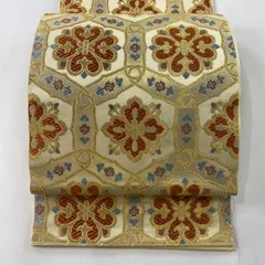 袋帯 名品 川島織物 落款 草花 扇 金糸 箔 金色 六通 正絹