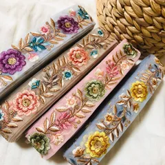 インド刺繍リボン 【me15】50㎝ フラワー リボン 花 レース 刺繍リボン チュール