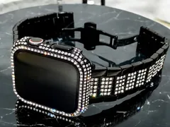 アップルウォッチキラキラカバーケースステンレスバンドベルト画面保護付　ブラック