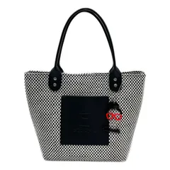 中古 ピッコーネクラブ PICONE CLUB カートバッグ 黒×白 ラウンドバッグ トートタイプ カゴ編み風 チャーム付き