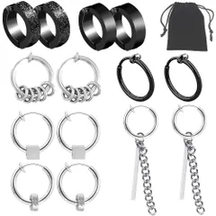 【特価セール】ブラック シルバー 金属アレルギー対応 サージカルステンレス316L 収納ポーチ付き 両耳用 リング フープピアス bts レディース メンズ メンズ メンズ 7ペア14個セット イヤーカフ イヤーカフ イヤリング ノンホールピアス フェイクピア