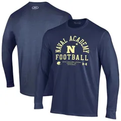 【送料無料】 アンダーアーマー メンズ Tシャツ トップス Men's Under Armour Navy Navy Midshipmen 2025 Sideline Football Performance Cotton Long Sleeve T-Shir