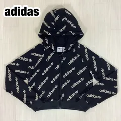 adidas Originals アディダスオリジナルス ショート丈 ジップアップパーカー フーディ OT 総柄プリント ブラック× ホワイト レディースL相当 着丈45cm ゆき丈80cm 身幅(脇下)48cm