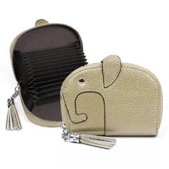 新品 [imeetu] カードケース クレジットカードケース じゃばら 小銭入れ付き 可愛いゾウ 象 薄型 スリム 軽量 大容量 12枚収納 牛本革 キャラクター レディース メンズ スキミング 磁気防止 無地（ゴールド）