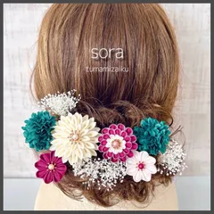 つまみ細工髪飾り【ピンク×グリーン】成人式　和装　七五三　着物　卒業式　結婚式