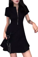 COCO&YUKA(ココアンドユカ) 胸元 セクシー ミニワンピース フレアスカート 半袖 前開き チャック フロントジップ あき フリル レディース(ブラック,  L)