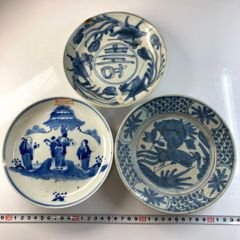 中国美術 清朝 新渡染付 蝙蝠 樹下の賢人図茶道具時代物2枚セット