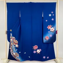 たんす屋 TANSU-YA 中古 リユース着物 振袖 青色 フォーマル ちりめん 染め 金彩 熨斗 鞠 袷 絹 未洗い 【身丈】153cm【裄丈】66cm MS3603