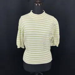 90s以前ビンテージ/英国製★Burberrys★半袖ニットセーター【レディース -38/オフホワイト×ライトグリーン/ボーダー】イングランド製◆BG337<sale>