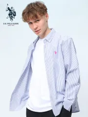 ユーエスポロアッスン シャツ 無地 ストライプ ボタンダウン ユニセックス 春服 夏服 U.S. POLO ASSN.  トップス 長袖 オックス ホワイト×ネイビー